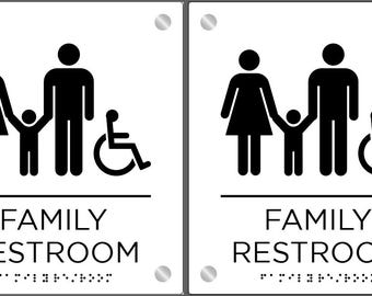 May include: Two rectangular white signs with black icons of a family, including a person in a wheelchair, and the text FAMILY RESTROOM with braille below. The left sign shows three figures, while the right sign includes an additional baby icon.