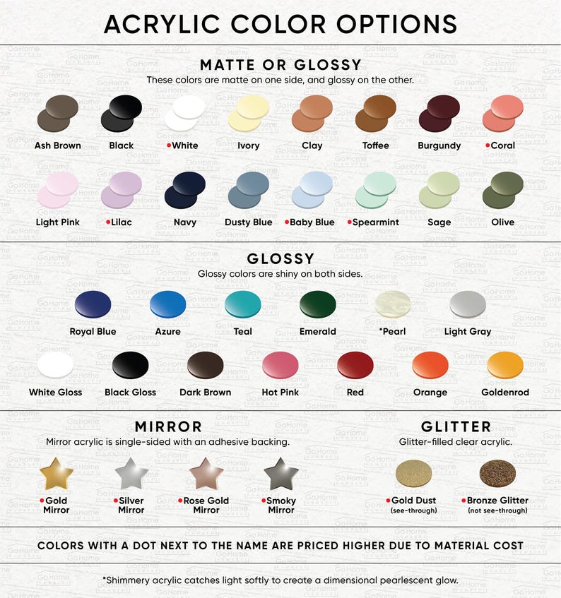 K&ouml;nnte beinhalten: Eine Farbkarte mit dem Titel ACRYLIC COLOR OPTIONS zeigt verschiedene kreisf&ouml;rmige Farbmuster, kategorisiert nach Oberfl&auml;che: Matte or Glossy, Glossy, Mirror und Glitter. Jedes Muster ist mit seinem Farbnamen beschriftet, darunter T&ouml;ne wie Ash Brown, Black, White, Ivory, Clay, Toffee, Burgundy, Coral, Light Pink, Lilac, Navy, Dusty Blue, Baby Blue, Spearmint, Sage, Olive, Royal Blue, Azure, Teal, Emerald, Pearl, Light Gray, White Gloss, Black Gloss, Dark Brown, Hot Pink, Red, Orange, Goldenrod, Gold Mirror, Silver Mirror, Rose Gold Mirror, Smoky Mirror, Gold Dust und Bronze Glitter.