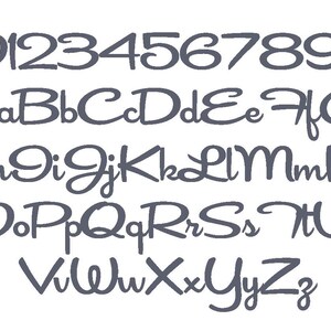 May include: A handwritten alphabet and numbers in a cursive font. The letters and numbers are in a dark blue color against a white background.