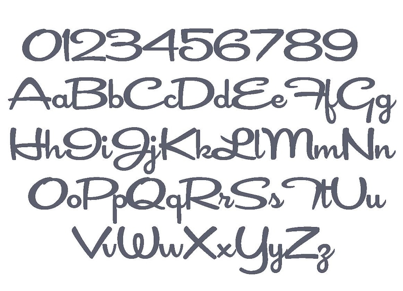May include: A handwritten alphabet and numbers in a cursive font. The letters and numbers are in a dark blue color against a white background.