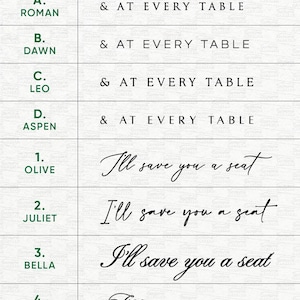 Puede incluir: Una tabla titulada STYLE OPTIONS que muestra ocho opciones de fuentes. Las primeras cuatro filas muestran el texto & AT EVERY TABLE en diferentes tipos de letra serif. Las cuatro filas inferiores muestran el texto I'll save you a seat en cursiva.