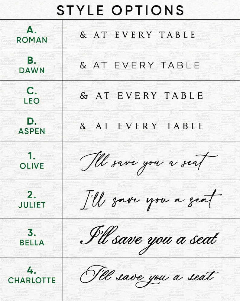 Puede incluir: Una tabla titulada STYLE OPTIONS que muestra ocho opciones de fuentes. Las primeras cuatro filas muestran el texto & AT EVERY TABLE en diferentes tipos de letra serif. Las cuatro filas inferiores muestran el texto I'll save you a seat en cursiva.
