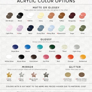 Puede incluir: Una carta de colores titulada ACRYLIC COLOR OPTIONS que muestra varias muestras circulares categorizadas por acabado: Matte or Glossy, Glossy, Mirror y Glitter. Cada muestra est&aacute; etiquetada con su nombre de color espec&iacute;fico, incluyendo tonos como Ash Brown, Navy, Teal y Gold Mirror.