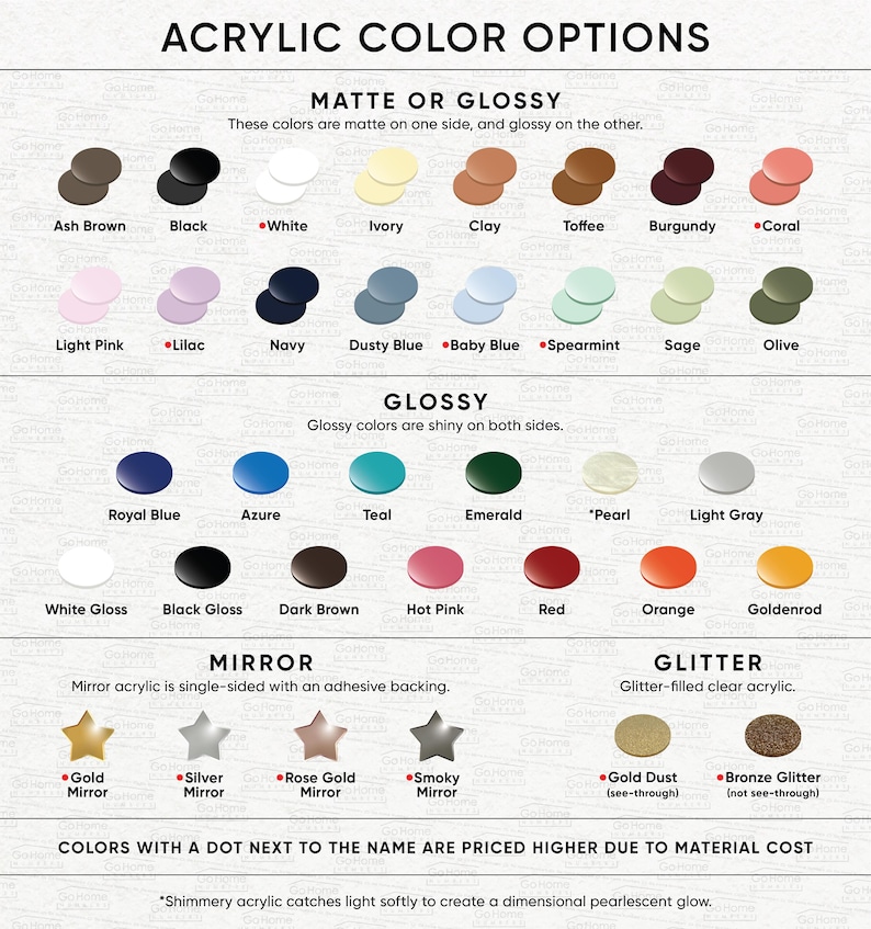 Puede incluir: Una carta de colores titulada ACRYLIC COLOR OPTIONS que muestra varias muestras circulares categorizadas por acabado: Matte or Glossy, Glossy, Mirror y Glitter. Cada muestra est&aacute; etiquetada con su nombre de color espec&iacute;fico, incluyendo tonos como Ash Brown, Navy, Teal y Gold Mirror.