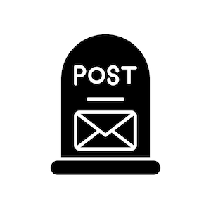 May include: A black and white illustration of a mailbox with the word "POST" in white capital letters. The mailbox has a slot and an envelope icon. The design is simple and graphic, suitable for various applications.