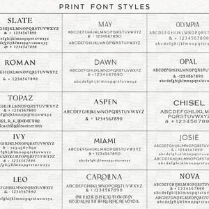 K&ouml;nnte beinhalten: Eine Rastertabelle mit dem Titel PRINT FONT STYLES zeigt f&uuml;nfzehn verschiedene Typografie-Optionen mit den Bezeichnungen Slate, May, Olympia, Roman, Dawn, Opal, Topaz, Aspen, Chisel, Ivy, Miami, Josie, Leo, Carolina und Nova, jeweils mit Gro&szlig;- und Kleinbuchstaben.