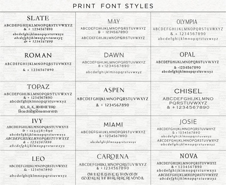 K&ouml;nnte beinhalten: Eine Rastertabelle mit dem Titel PRINT FONT STYLES zeigt f&uuml;nfzehn verschiedene Typografie-Optionen mit den Bezeichnungen Slate, May, Olympia, Roman, Dawn, Opal, Topaz, Aspen, Chisel, Ivy, Miami, Josie, Leo, Carolina und Nova, jeweils mit Gro&szlig;- und Kleinbuchstaben.