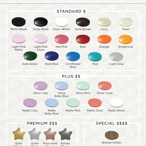 May include: An image showcasing acrylic cutout color options, including matte and gloss finishes. The options range from standard colors like black, white, and red to premium metallic and special glitter finishes. Text at the top reads "ACRYLIC CUTOUT COLOR OPTIONS."
