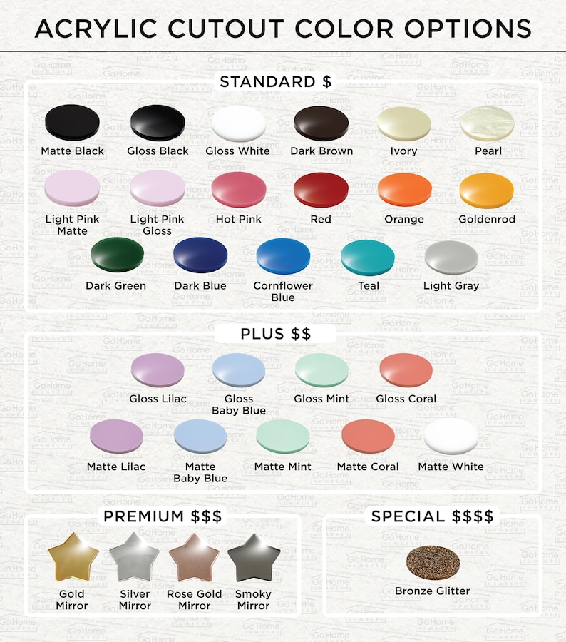 May include: An image showcasing acrylic cutout color options, including matte and gloss finishes. The options range from standard colors like black, white, and red to premium metallic and special glitter finishes. Text at the top reads "ACRYLIC CUTOUT COLOR OPTIONS."