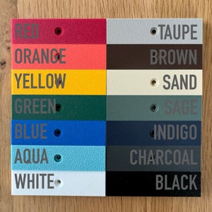 May include: A color chart with 16 different colors, including red, orange, yellow, green, blue, aqua, white, taupe, brown, sand, sage, indigo, charcoal, and black. Each color is labeled with its name.
