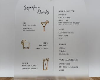 May include: Clear acrylic bar menu with gold lettering and graphics. The sign lists signature drinks, beers, wines, spirits, and non-alcoholic beverages. The bar name is displayed at the top.