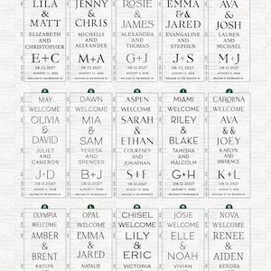 May include: A print font size comparison chart with 15 wedding welcome sign designs. Each design features names, dates, and initials, with a 24-inch measurement at the bottom. The chart is a helpful guide for wedding stationery.