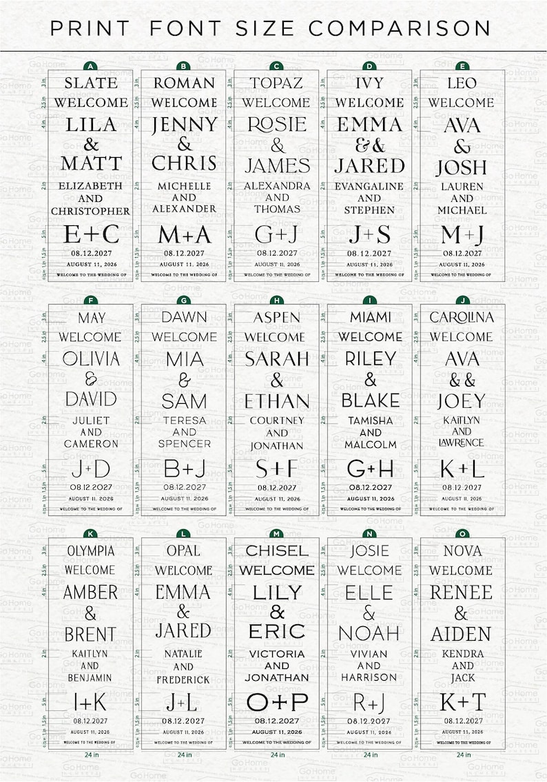 May include: A print font size comparison chart with 15 wedding welcome sign designs. Each design features names, dates, and initials, with a 24-inch measurement at the bottom. The chart is a helpful guide for wedding stationery.