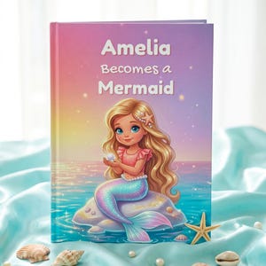 Könnte beinhalten: Ein gebundenes Buch mit dem Titel Amelia Becomes a Mermaid und einem violett-orangen Farbverlauf. Das Cover zeigt eine Illustration einer blonden Meerjungfrau, die auf einem Felsen im Ozean sitzt, eine weiße Perle hält und einen Seestern trägt.