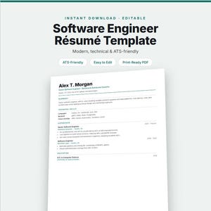 Software Engineer Resume Template, Editable Tech CV, ATS-Friendly Developer Resume, Modern & Printable, Instant Download