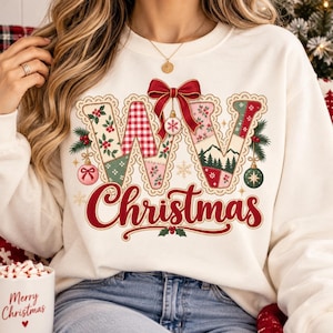WV Christmas PNG | West Virginia Christmas PNG | Vintage Patchwork Letters | Faux Embroidery Holiday Bow