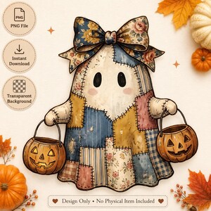 May include: A digital illustration of a ghost figure constructed from various fabric patches in blue, yellow, and floral patterns. The ghost wears a large matching bow and holds two orange jack-o'-lantern buckets. Text reads: Design Only • No Physical Item Included.