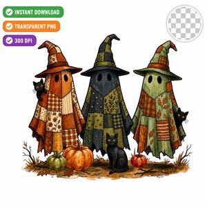 May include: Three ghost figures wearing patchwork witch hats and cloaks in orange, black, and green patterns. Two black cats peek from behind the cloaks, while a third sits in front near two pumpkins on a patch of brown earth and fallen leaves.
