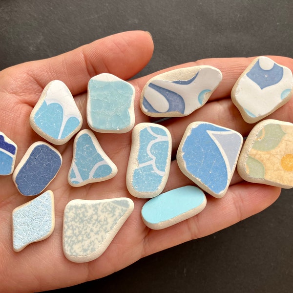 Patterned Blue Beach Pottery, Pendant/Ring Sized Sea Pottery Lot,Mosaic Making,Jewelry Making