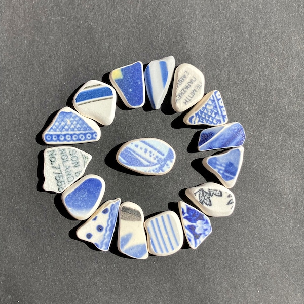 Blue Willow Pattern,Sea Worn China ,Patterned Sea Pottery,Blue/White ,16 pieces,  Lot,Pendant/Ring  Sized,  Mosaic Pieces