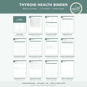 Puede incluir: Un conjunto digital de carpeta de salud tiroidea con 12 páginas imprimibles y rellenables. Incluye una portada, guía de bienvenida, perfil tiroideo, registro de medicamentos, resultados de laboratorio, rastreadores y notas.
