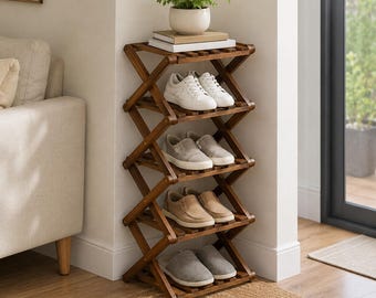 Wooden Folding Shoe Rack – 5/6 Tier Space-Saving Organizer Shelf