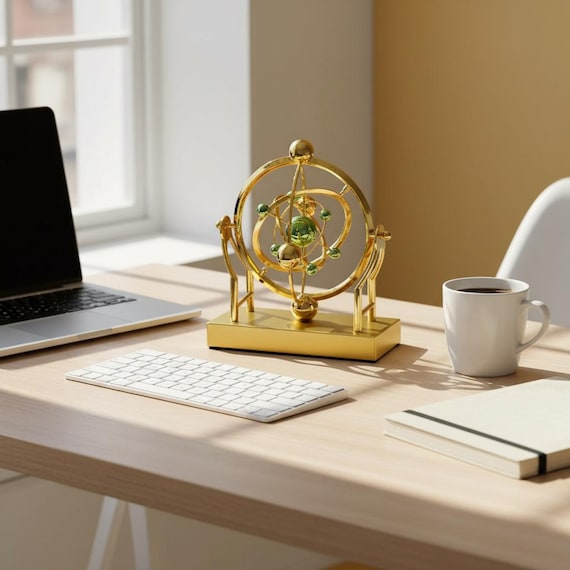 A desk-sized celestial pendulum kinetic sculpture that loops orbits in hypnotic perpetual motion — equal parts physics demo and meditative art object.