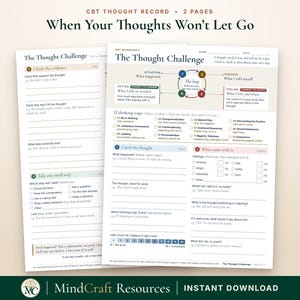 May include: A two-page CBT thought record worksheet titled When Your Thoughts Won't Let Go. The document features sections for The Thought Challenge, including a loop diagram, 12 thinking traps, and spaces to record feelings and evidence.