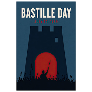 May include: A vertical poster with a dark blue background featuring the text BASTILLE DAY and JULY 14, 1789 in white and red. A dark silhouette of a fortress stands before a bright red circular opening, with a crowd of people holding spears below.