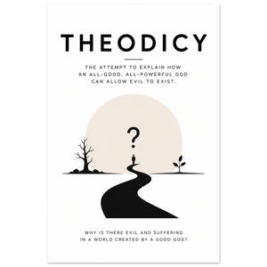May include: A white poster featuring the black text THEODICY, followed by the subtitle THE ATTEMPT TO EXPLAIN HOW AN ALL-GOOD, ALL-POWERFUL GOD CAN ALLOW EVIL TO EXIST. Below, a black winding path leads to a figure under a question mark and sun.