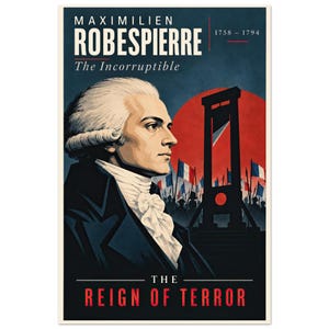 May include: A poster featuring a profile portrait of Maximilien Robespierre with the text "MAXIMILIEN ROBESPIERRE 1758-1794", "The Incorruptible", and "THE REIGN OF TERROR". The background shows a red sun, a guillotine, and French flags.