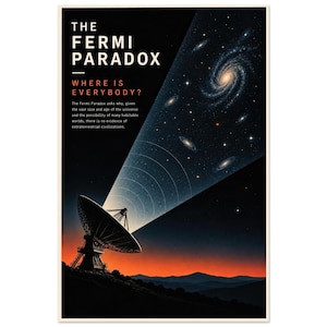 May include: A poster titled The Fermi Paradox: Where Is Everybody? featuring a large radio telescope dish emitting a beam of light into a starry night sky filled with spiral galaxies, set against a dark horizon with orange sunset hues.