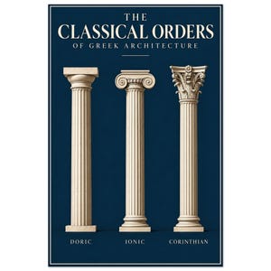 May include: A dark blue poster titled THE CLASSICAL ORDERS OF GREEK ARCHITECTURE featuring three beige stone columns. From left to right, the columns are labeled DORIC, IONIC, and CORINTHIAN, showcasing their distinct capital designs and fluted shafts.