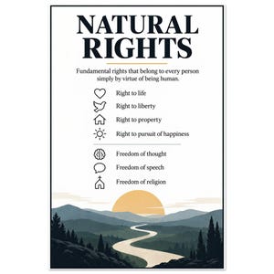 Könnte beinhalten: Ein vertikales Lehrplakat mit der Überschrift NATURAL RIGHTS in fetter schwarzer Schrift. Es listet Grundrechte mit Symbolen auf: Herz, Taube, Haus, Sonne, Gehirn, Sprechblase und Kirche. Unten ist eine Landschaft mit Bergen und einem Fluss bei Sonnenuntergang.