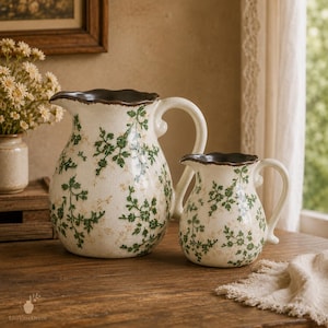 May include: Two cream-coloured ceramic pitchers featuring a dark brown scalloped rim and a delicate green vine pattern with small leaves. The larger pitcher has a curved handle, while the smaller pitcher features a matching design and handle.