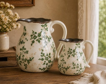 Pode incluir: Duas jarras de cerâmica na cor creme com uma borda recortada em castanho escuro e um padrão delicado de videiras verdes com pequenas folhas. A jarra maior tem uma asa curva, enquanto a jarra menor apresenta um design e asa a condizer.