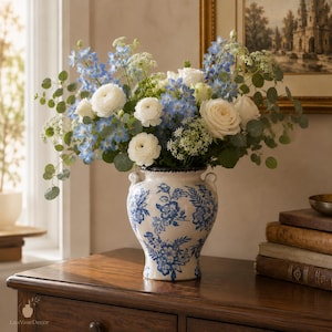 Puede incluir: Un jarrón de cerámica blanca con patrones florales azules y dos asas laterales, lleno de un ramo de rosas blancas, ranúnculos blancos, delphinium azul y hojas de eucalipto verdes. El jarrón presenta un borde oscuro y diseños botánicos.