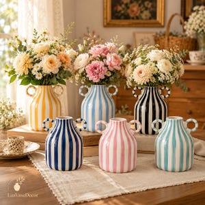 Vase à bourgeon en céramique à rayures colorées et anses annulaires, décoration d'étagère de style campagne française