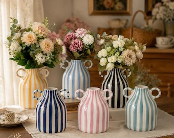 Vaso de cerâmica listrado com alças em formato de anel, vaso de flores moderno, decoração para casa em estilo campestre.
