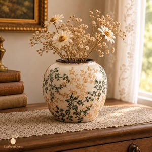 May include: A round ceramic vase with a cream-coloured base featuring a repeating pattern of dark green and light brown floral vines. The vase is filled with a bouquet of white daisies and small dried baby's breath flowers, with a dark brown rim.