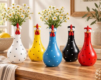 Vaso em formato de galinha, vaso de flores em resina com bolinhas, decoração colorida para cozinha estilo fazenda, presente divertido para amantes de galinhas