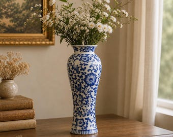 Pode incluir: Um vaso de cerâmica alto e esguio com um padrão floral clássico em azul e branco, apresentando vinhas e flores entrelaçadas. O vaso está preenchido com um buquê de pequenas flores brancas e caules verdes, sobre uma superfície de madeira.