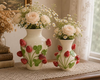 May include: Two cream-colored ceramic vases featuring raised, three-dimensional red strawberry motifs and green leaves. Each vase is filled with a bouquet of white roses and small white daisies, creating a decorative display of floral arrangements.