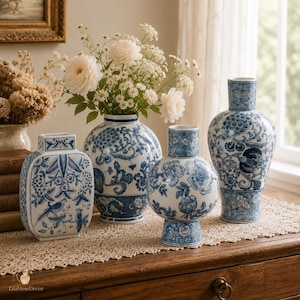May include: Four ceramic vases with blue and white floral patterns. One is rectangular, one is a large round jar, one is a spherical vase on a pedestal, and one is a tall necked vase. The round jar holds a bouquet of white flowers.