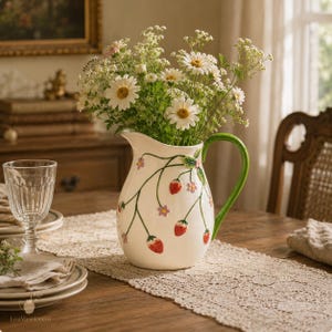 Strawberry Ceramic Pitcher | Floral Milk Jug | Cottagecore Kitchen Decor
