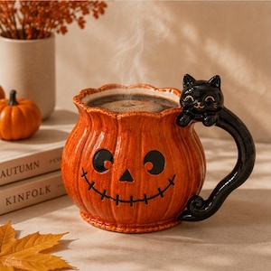 Black Cat Pumpkin Mug, Handmade Ceramic Halloween Coffee Cup, Jack O Lantern Fall Mug, Spooky Season Gift for Cat Lover