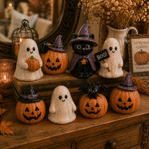 Ceramic Halloween Figurine, Handmade Ghost Pumpkin Black Cat Decor, Cute Witch Bat Jack O Lantern Shelf Display, Spooky Gift