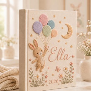 Könnte beinhalten: Ein cremefarbenes, stoffbezogenes Buch mit Stickereien eines braunen Hasen, der einen Strauß pastellfarbener Luftballons hält, sowie einer lächelnden Mondsichel, Sternen, Blumen und einem Schmetterling. Der Name Ella und das Jahr 2026 sind rosa gestickt.