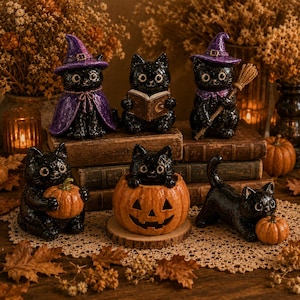 May include: Six black cat figurines with glossy finishes. Three sit on books: one wears a purple hat and cape, one reads a book, and one holds a broom. Below, one cat holds a pumpkin, one sits inside a jack-o'-lantern, and one stretches by a pumpkin.