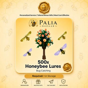 Puede incluir: Un gráfico digital para Palia Bazaar que presenta 500x Honeybee Lures para la captura de insectos. El diseño incluye un árbol floreciente central, cuatro abejas y el texto 'Personalized Service | Tailored Bonus Gifts | Most Cost-Effective'.